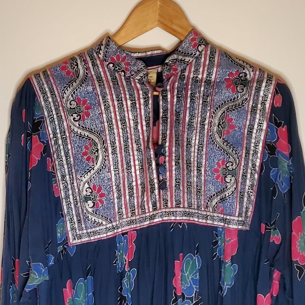 Night Spirits Navy Pink and Silver Floral Long Sleeve Indian Hippie Folk Dress - Picture 9 of 9